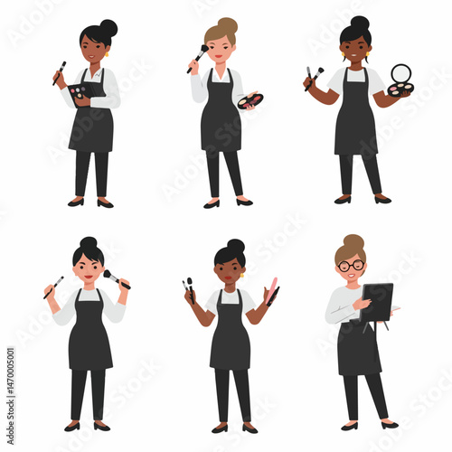 Beauty Professionals at Work: A collection of professional make-up artist in a visual array. Each artist is focused and prepared.