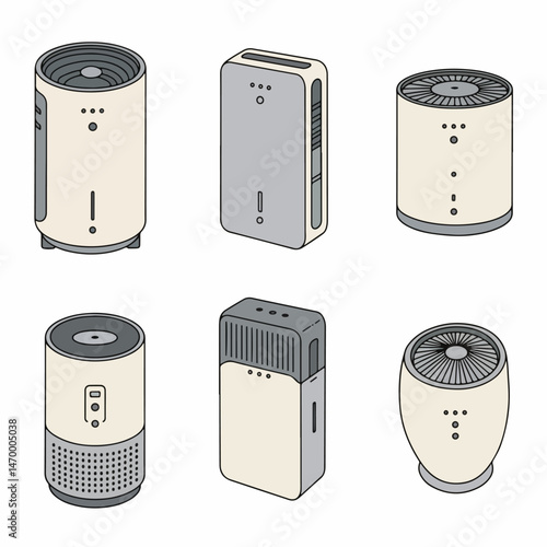Modern Air Purifiers: A stylish assortment of air purifiers, showcasing their sleek designs and innovative technology designed to purify air and improve indoor environments.
