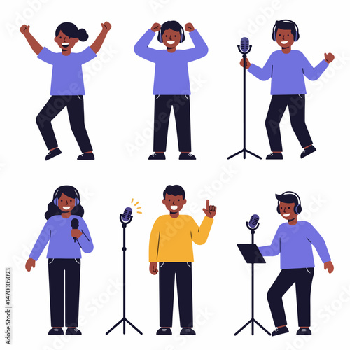 Harmony of Voices: A diverse illustration of individuals in various scenarios related to singing, public speaking and joy, including a microphone in use.