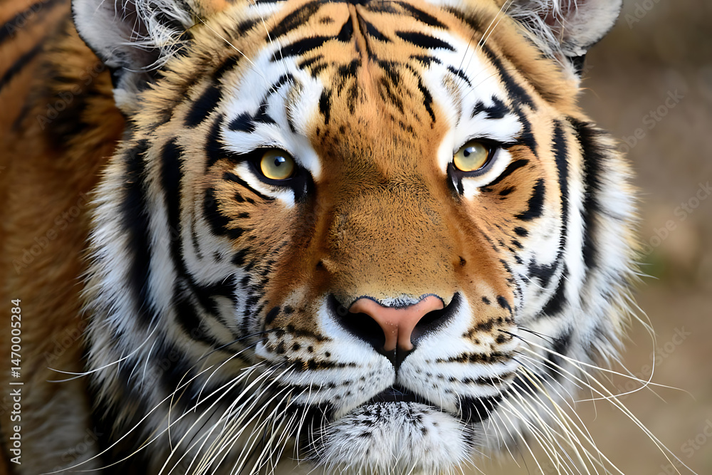 Fototapeta premium Intense Close-Up of a Bengal Tiger's Face with Glowing Eyes