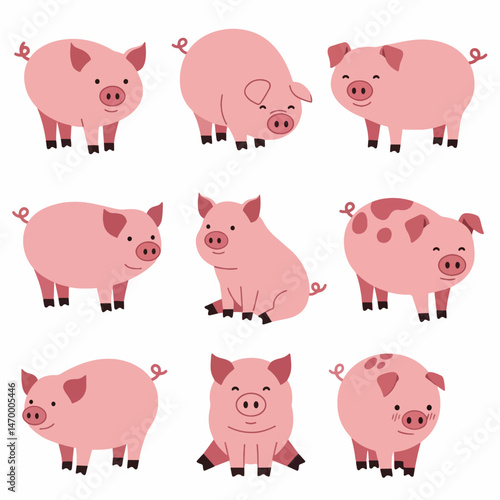 Playful Pigs Parade: A delightful illustration showcasing a charming collection of pink pigs in various poses, brimming with innocence and charm.