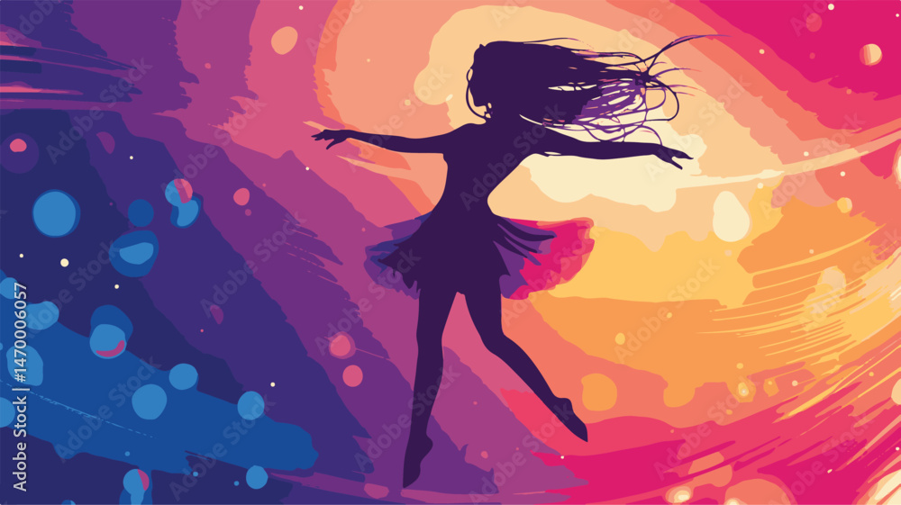 Silhouette Of Woman Dancing In Colorful Abstract Background With Dynamic Energy And Fluid Motion Celebrating Freedom Silhouette Of Woman Dancing In Colorful Abstract Background With Dynamic Energy And Fluid Motion Celebrating Freedom