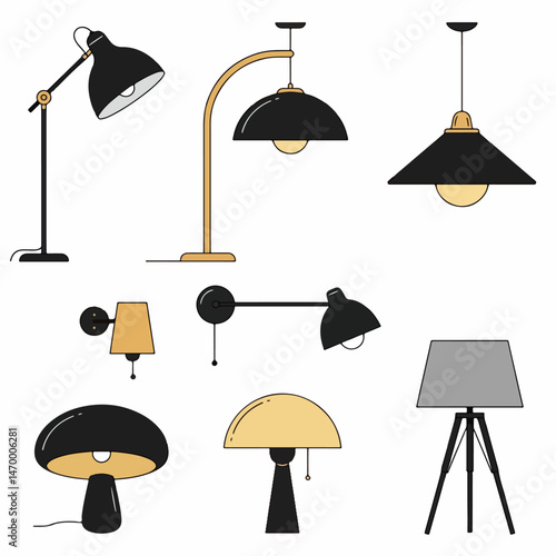 Modern Lamp Collection: A stylish set of minimalist lamps in various styles and designs, including floor lamps, table lamps, pendant lights and wall lamps. Ideal for home décor.