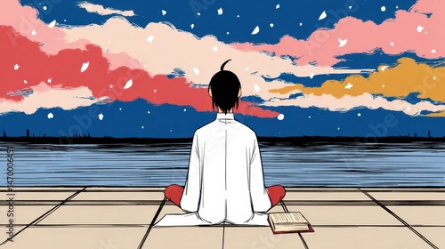 Stargazers Contemplate Inner Silence Under a Cosmic Sky Filled with Colorful Clouds and Reflections on Calm Waters