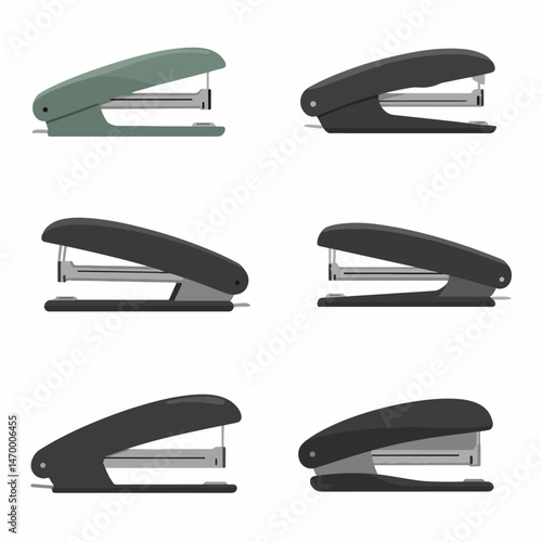 Stapler collection on workspace: A collection of diverse staplers, each boasting a distinct design and color scheme, meticulously arranged to showcase the beauty of office supplies.