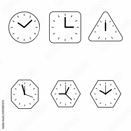 Variety of Timepieces: A selection of diverse timepieces displays the passage of time, with each clock exhibiting its unique shape and hour markings.