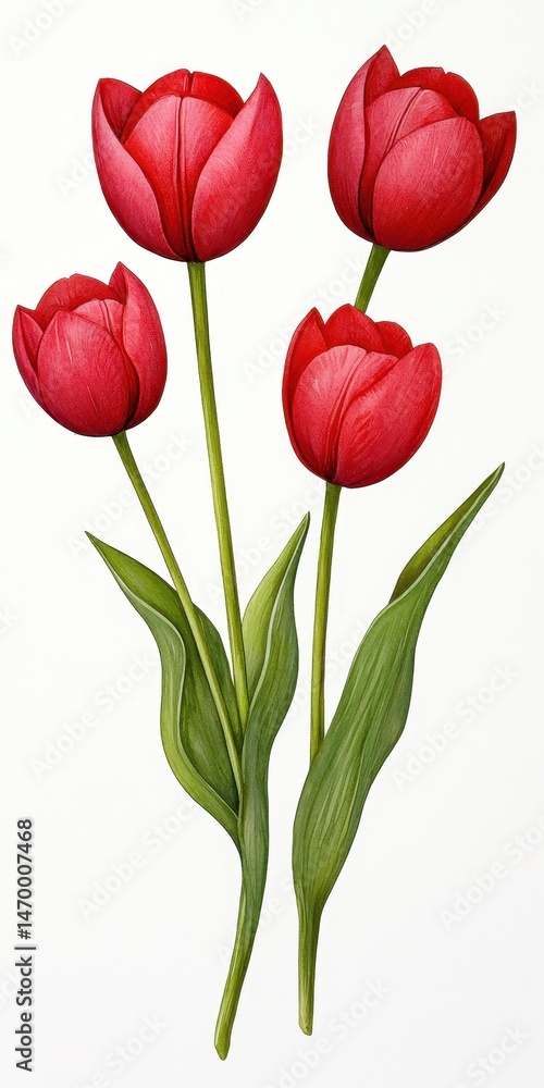 Obraz premium Four Red Tulips Close Up on White Background