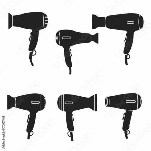 Hair Dryer Silhouette Collection: A series of stylised hair dryer silhouettes arranged, each showcasing distinct design variations for design and conceptual needs. 