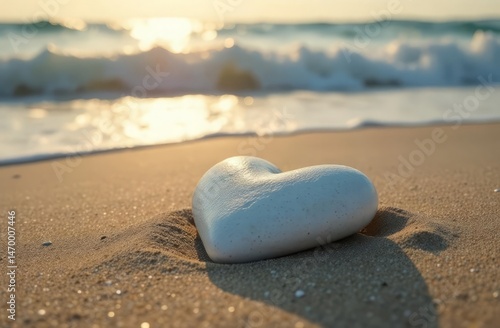 A white stone in the shape of a heart lies on the sand on the shore of the sea. Sea waves and sun rays are in the background.