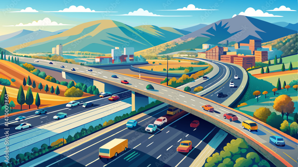 Fototapeta premium Aerial view of a busy Interstate 680 with cars moving through a suburban area with mountains in the background, Dublin, California, USA. Illustrates transportation and urban planning