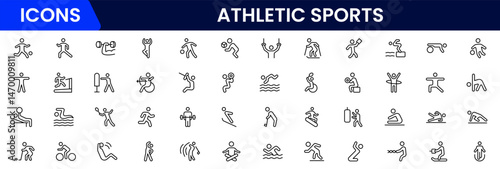 Athletic Sports Icons vector illustration with thin line editable stroke contain medal, football, basketball, cycling, athlete, racket, table tennis, sparing, cardio, gym, weight training, golf, 