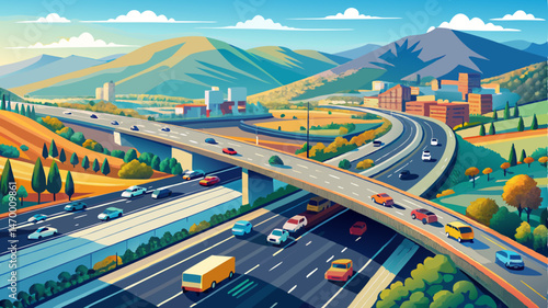 Aerial view of a busy Interstate 680 with cars moving through a suburban area with mountains in the background, Dublin, California, USA. Illustrates transportation and urban planning