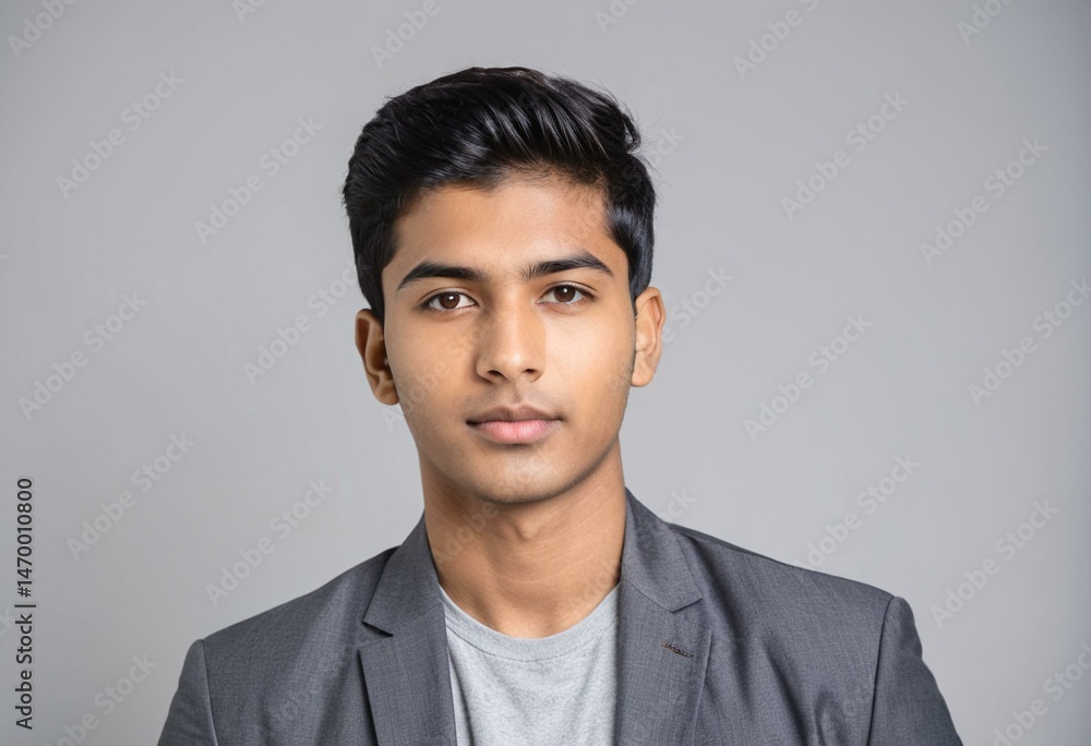 A young man in a gray suit posing for a picture. A young man in a gray suit posing for a picture.