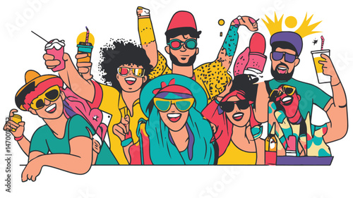 Diverse Group Of Friends Celebrating With Drinks In Vibrant Colors And Bold Cartoon Style Illustration