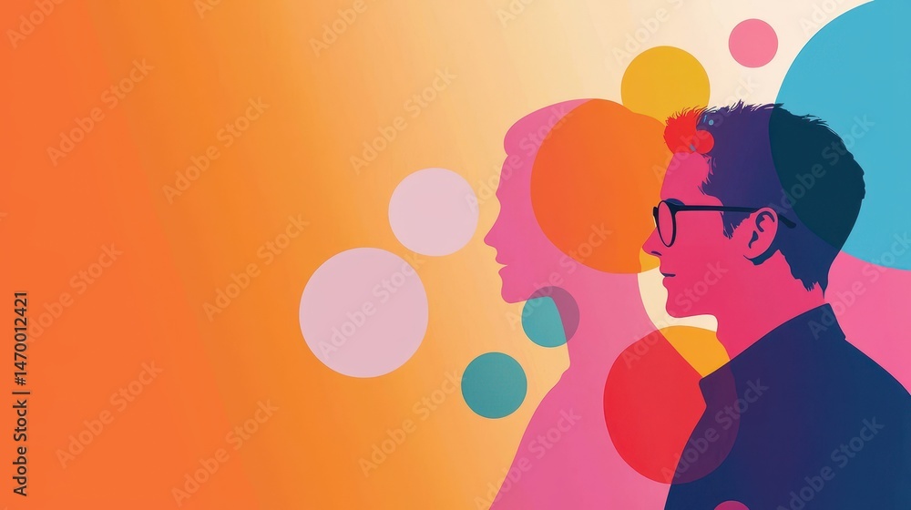 Vibrant illustration of two overlapping human silhouettes with colorful circles on a gradient background. Vibrant illustration of two overlapping human silhouettes with colorful circles on a gradient background.