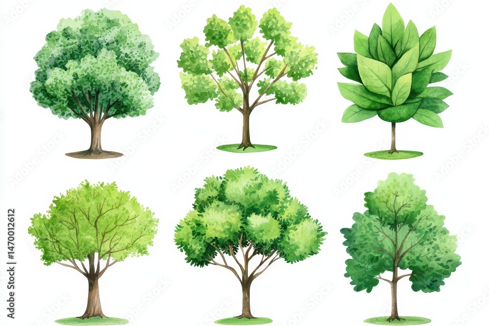 Fototapeta premium Six varieties of green trees and leaves in watercolor illustrations for nature and environment concepts