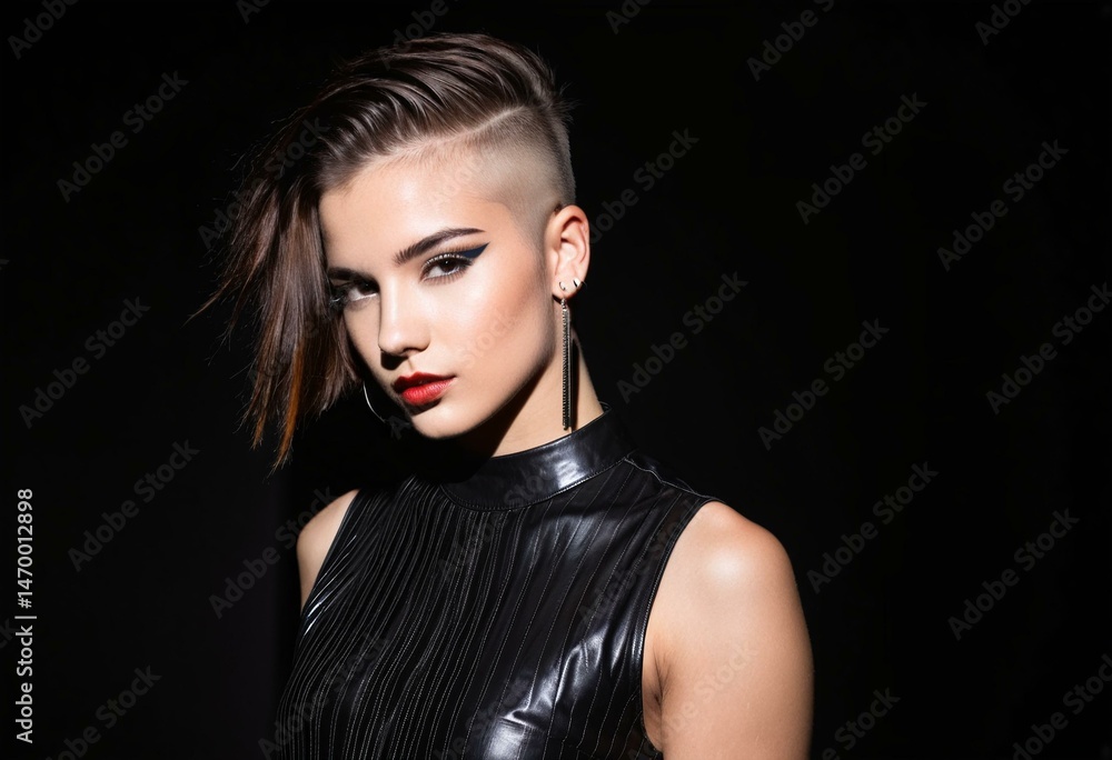 Fototapeta premium A woman with pink hair wearing a black top.