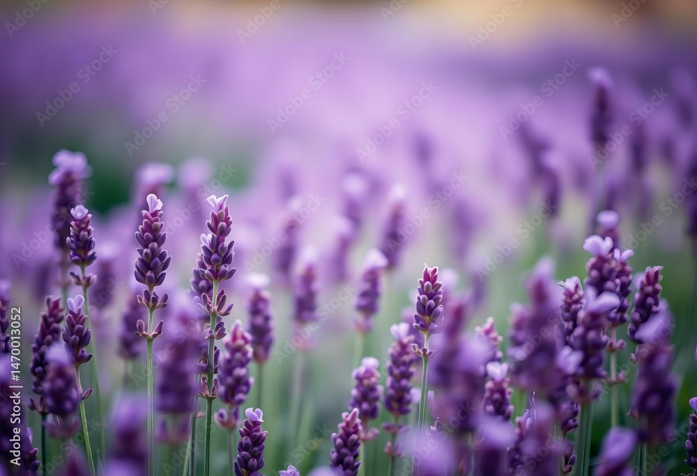 Obraz premium Soft purple lavender field, blurred background, dreamy bokeh effect, wellness, wallpaper
