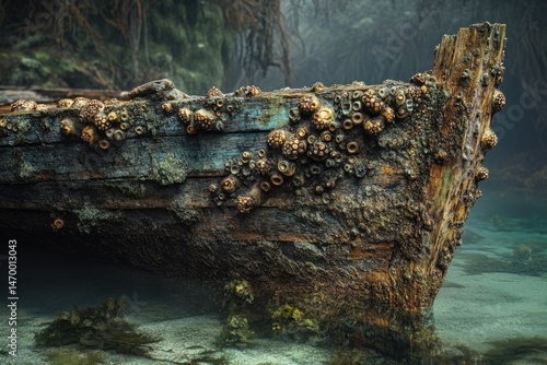 Sunken wooden boat, heavily encrusted with barnacles, rests underwater in a tranquil scene.