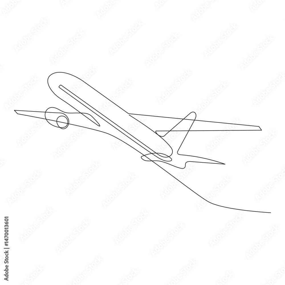 Fototapeta premium Continuous single line of Airplane path with flight route and starting point location.One line airplane route with start point and trace.
