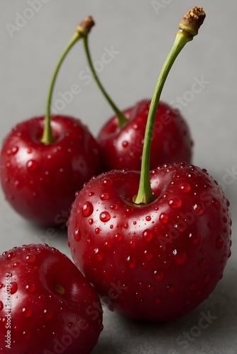 Fresh Red Cherries with Water Droplets on Gray Background – Close-Up Fruit Photography
