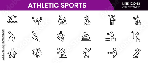 Athletic Sports Icons vector illustration with thin line editable stroke contain medal, football, basketball, cycling, athlete, racket, table tennis, sparing, cardio, gym, weight training, golf, 
