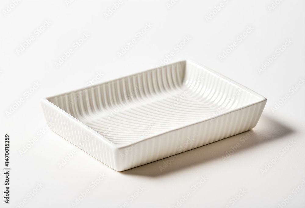 A white rectangular dish on a white surface. A white rectangular dish on a white surface.