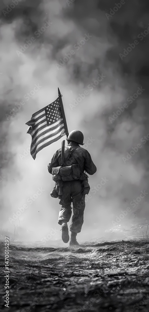 Fototapeta premium Veterans Day graphic material Patriotic American Flag and Military Memorabilia, American flag watercolor, Military boots silhouette, Soldier tribute