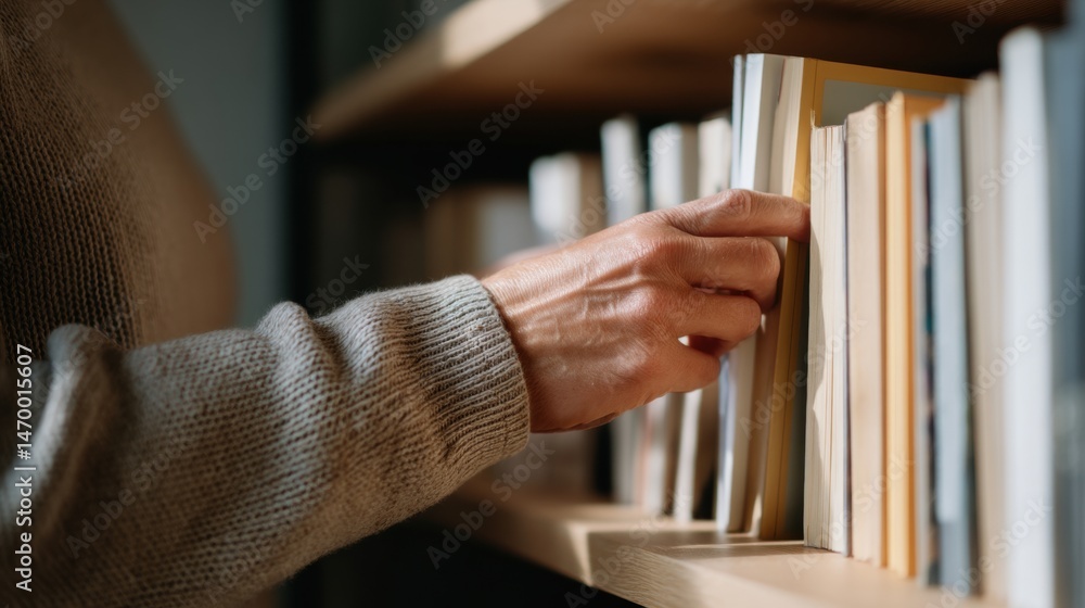 Obraz premium A person selecting a book from a wooden bookshelf in a cozy, warmly-lit room.