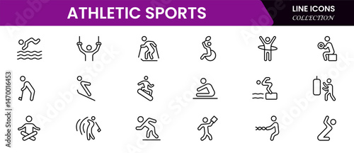 Athletic Sports Icons vector illustration with thin line editable stroke contain medal, football, basketball, cycling, athlete, racket, table tennis, sparing, cardio, gym, weight training, golf, 