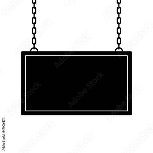 Hanging Signboard with Chains Black and White Vector Illustration. Minimalistic vector of a rectangular signboard hanging from two metal chains.