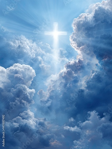 Cross in Sky with Clouds and Sunlight