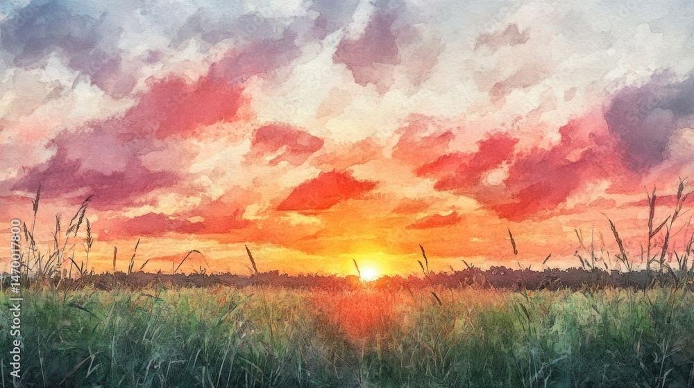 Fototapeta premium Colorful sunset over a field of grass.