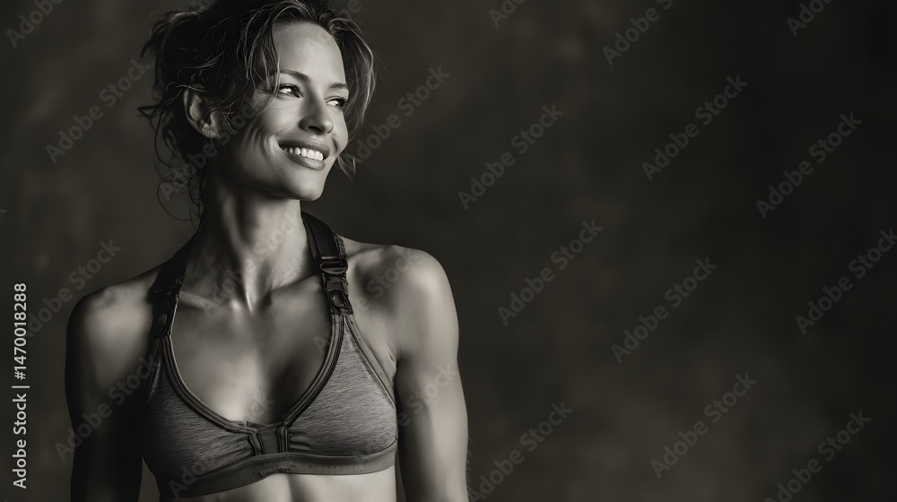 Naklejka premium Confident 30-year-old supermodel woman in stylish bra and crop top posing for fashion photography session