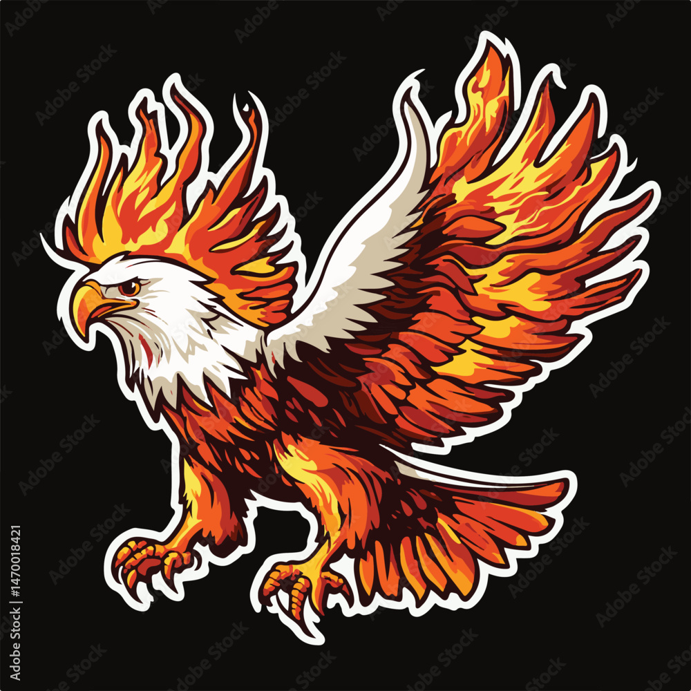 Obraz premium Fiery Eagle Vector Illustration Mascot With Bold Outline Isolated On Black Background Depicting Strength And Freedom