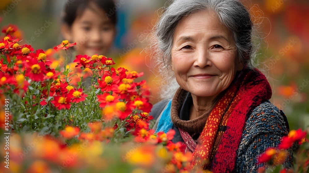 A senior woman gardening among vibrant flowers in a garden surrounded by smiling children
