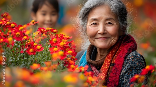 A senior woman gardening among vibrant flowers in a garden surrounded by smiling children