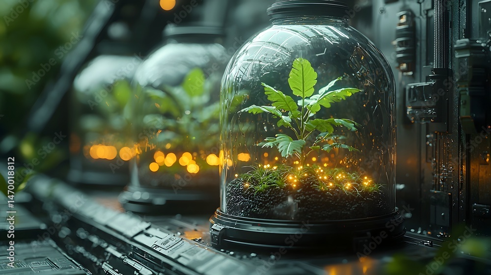 Futuristic laboratory with glowing green plants in glass domes