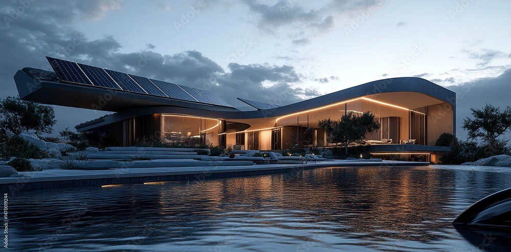Obraz premium Modern house with solar panels on the roof and a swimming pool in front of it, evening light, photo-realistic, high-resolution photography. generative ai