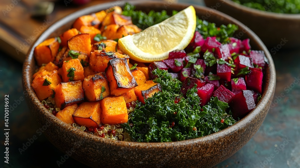 Vibrant Grain Bowl with Quinoa Roasted Veggies and Lemon