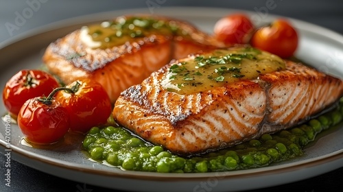 Seared Salmon with Pea Puree and Roasted Tomatoes