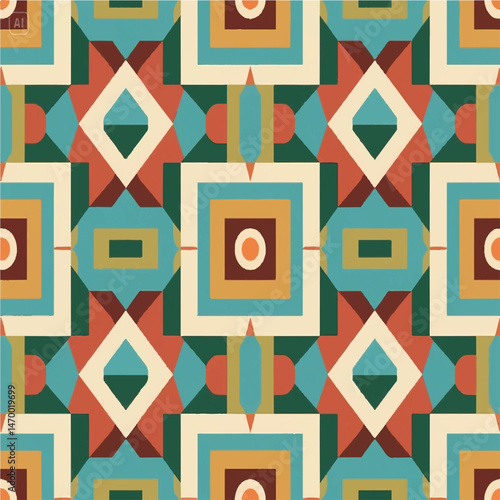 "vibrant retro tribal geometric pattern, mid-century modern color palette, seamless textile design, abstract ethnic motifs, symmetrical layout, bold vintage shapes, high contrast, flat vector art styl