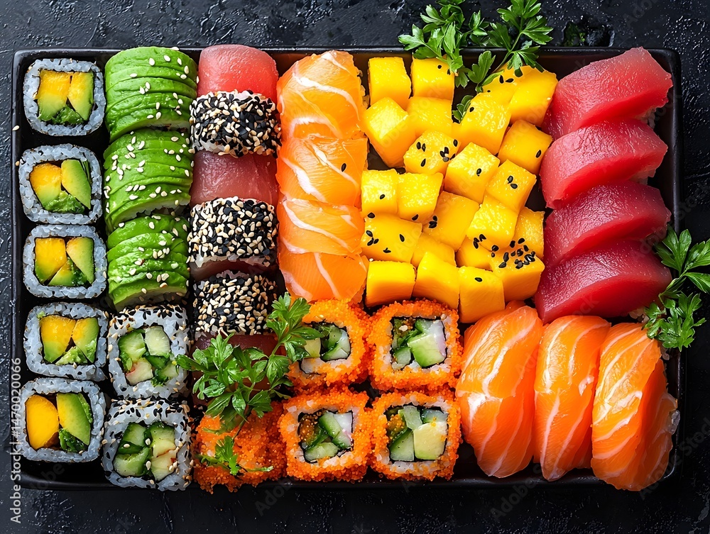 A vibrant sushi platter featuring a variety of colorful rolls