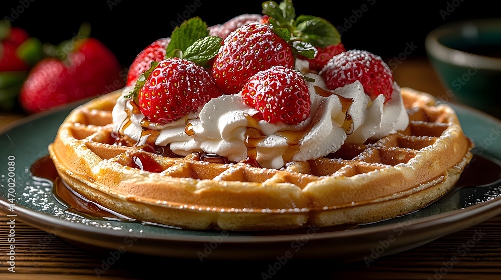 Delightful Strawberry Waffle with Whipped Cream and Maple Syrup