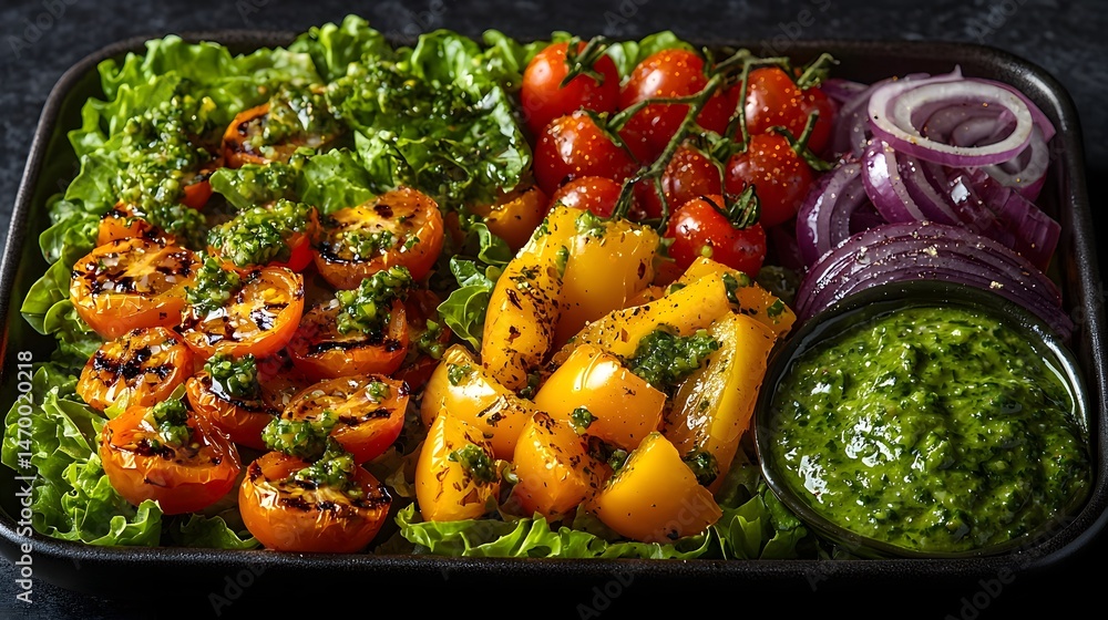 A Vibrant and Colorful Fresh Salad with Mixed Greens Vegetables and Creamy Dressing