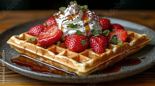 Decadent waffle topped with fresh strawberries and whipped cream