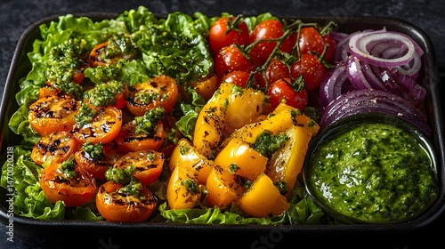 Obraz na płótnie A Vibrant and Colorful Fresh Salad with Mixed Greens Vegetables and Creamy Dressing w salonie