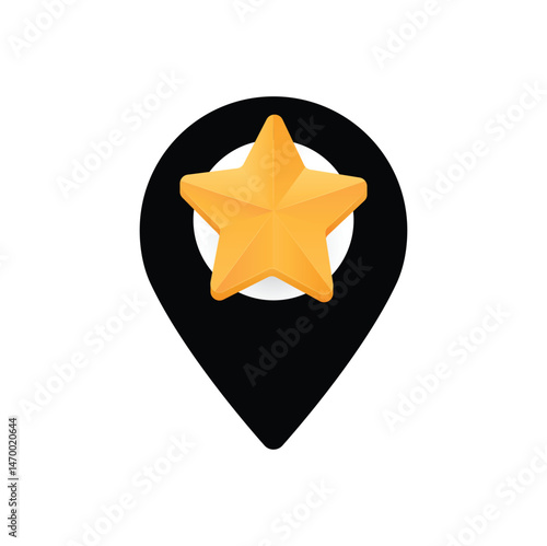 Black pin with golden star for marking desired location. Add to favorite places on maps user interface design. Vector illustration.