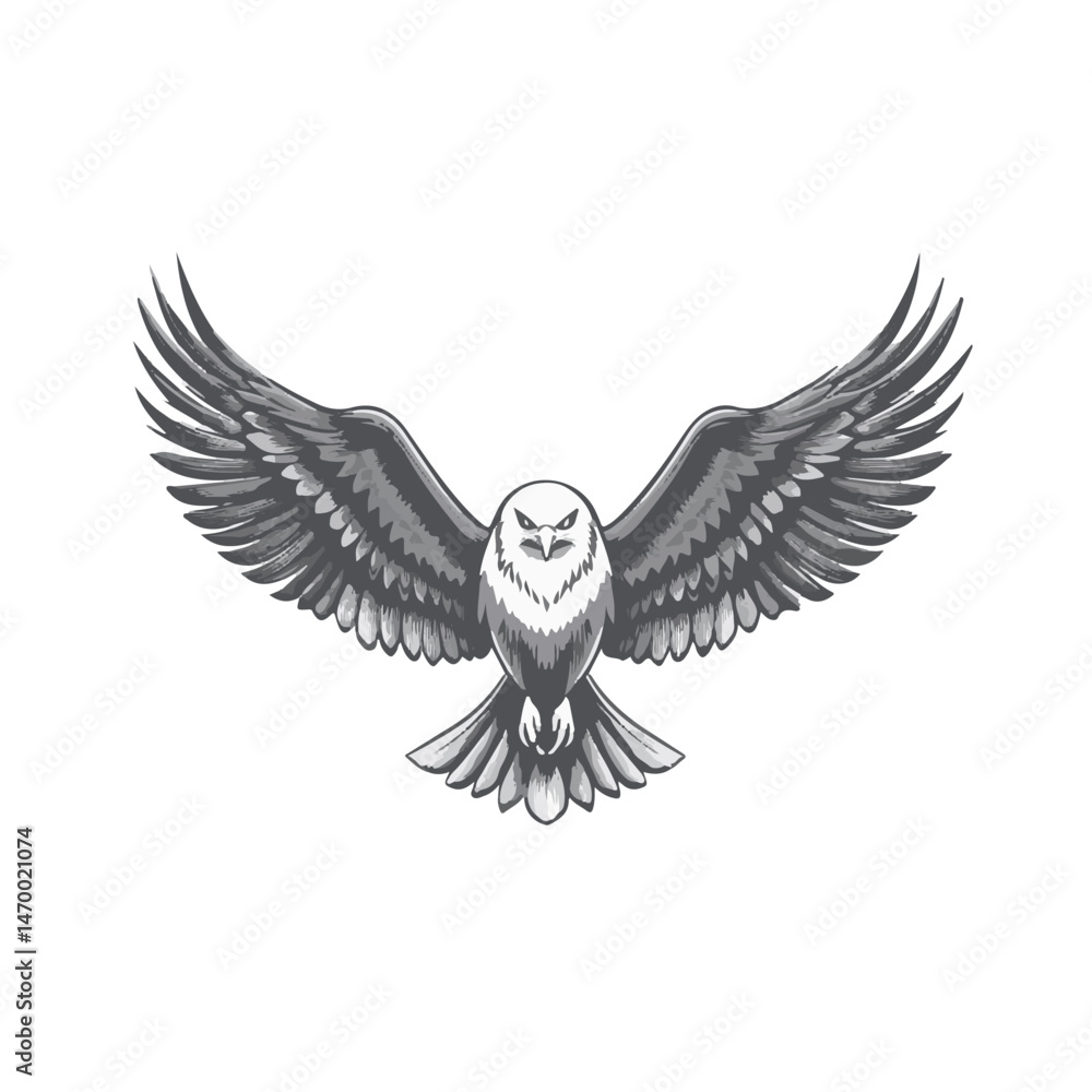 Obraz premium Vector Illustration Of A Majestic Eagle With Open Wings In Grayscale Colors Flying Downwards