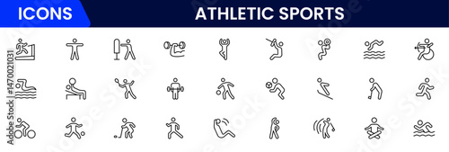 Athletic Sports Icons vector illustration with thin line editable stroke contain medal, football, basketball, cycling, athlete, racket, table tennis, sparing, cardio, gym, weight training, golf 